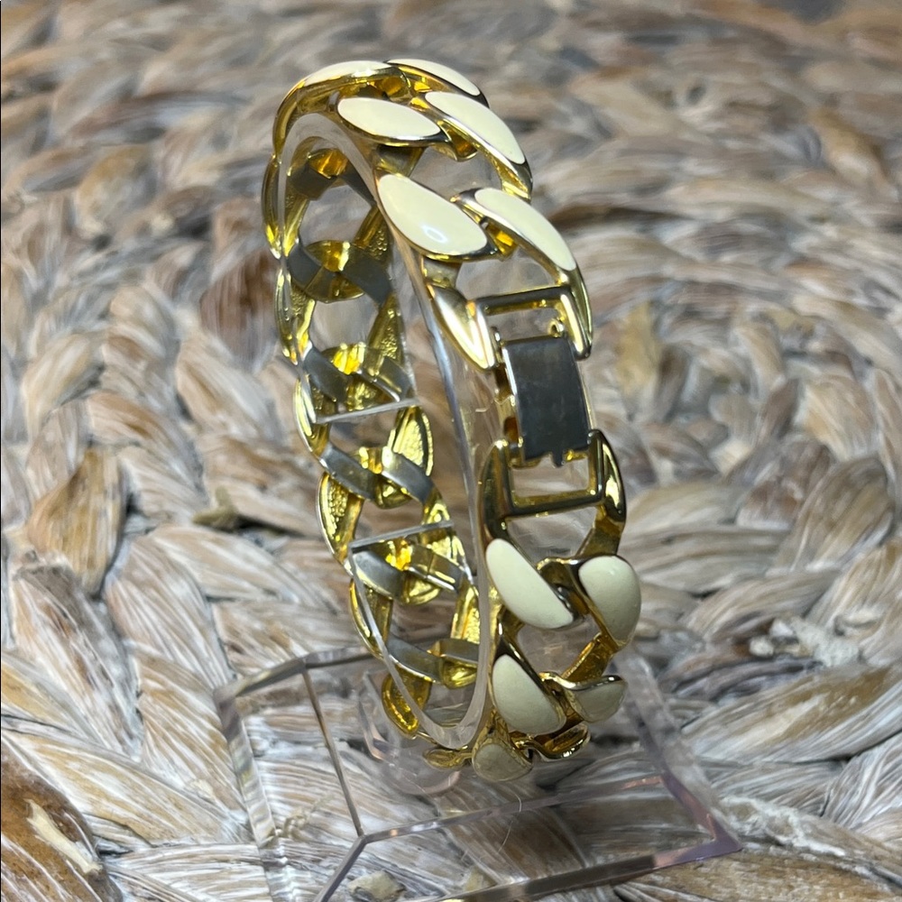 Elegant Gold Tone and Cream Enamel Chain Link Bracelet‎